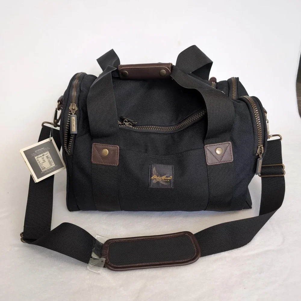 New Vintage Eddie Bauer Duffel Bag Black Nylon Carry On Travel Weekender Luggage